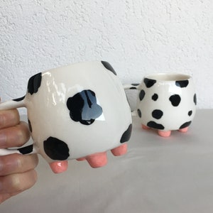 Polka Dot Cute Set of 2 Cow Clay Coffee Mugs, Black and White Kitchen Decor, Hand Painted Pottery Tea Cups, Best Friend Gift, Ceramic Art