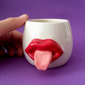 Hand Painted Pink-Tongue Red Lip Ceramic Coffee Mug, 8oz Tea Cup, Best Friend Gift, Modern Kitchen Decor, Gift for Mother, Personalized Cup
