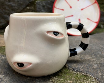 Ivory Striped Handle Eyes Hand Painted Espresso Cup with Plate, Turkish Coffee Cup, Modern Kitchen Decor, Teacher Gift, Country Home Decor