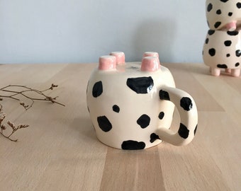 Cute Cow Mug, Polka Dot Clay Coffee Mug, Black White Kitchen Decor, Hand Painted Pottery Tea Cup, Housewarming Gift, Cow Lover Mug, Mom Gift