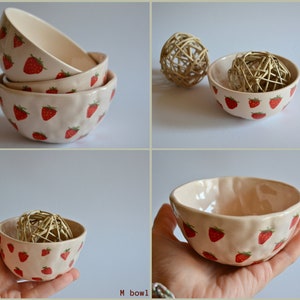 Strawberry Pattern Handmade Ceramic Bowl, Mom Gift, Cute Bowl, Kitchen Accessories, Strawberry Ceramic Bowl Kitchen Gift, Best Friend Gift image 2