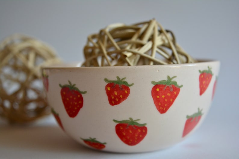 Strawberry Pattern Handmade Ceramic Bowl, Mom Gift, Cute Bowl, Kitchen Accessories, Strawberry Ceramic Bowl Kitchen Gift, Best Friend Gift image 5