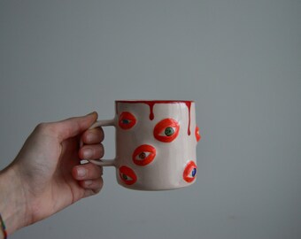 Blood Fluid Ceramic Coffee Mug, Colorful Eyes Clay Tea Cup, Unique Gift, Farmhouse Gift, Pottery Large Mug, Living Room Decor, Teacher Gift