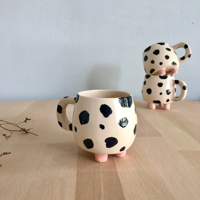 Cute Cow Mug, Polka Dot Clay Coffee Mug, Black White Kitchen Decor, Hand Painted Pottery Tea Cup, Housewarming Gift, Cow Lover Mug, Mom Gift image 6