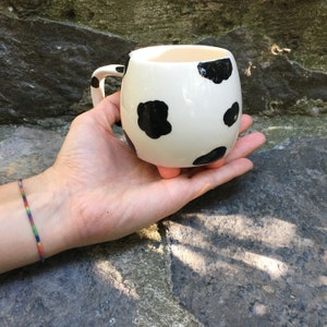 Cute Cow Mug, Polka Dot Clay Coffee Mug, Black White Kitchen Decor, Hand Painted Pottery Tea Cup, Housewarming Gift, Cow Lover Mug, Mom Gift image 5
