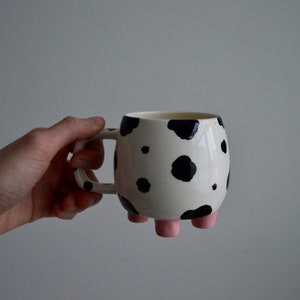 Cute Cow Mug, Polka Dot Clay Coffee Mug, Black White Kitchen Decor, Hand Painted Pottery Tea Cup, Housewarming Gift, Cow Lover Mug, Mom Gift Unwritten