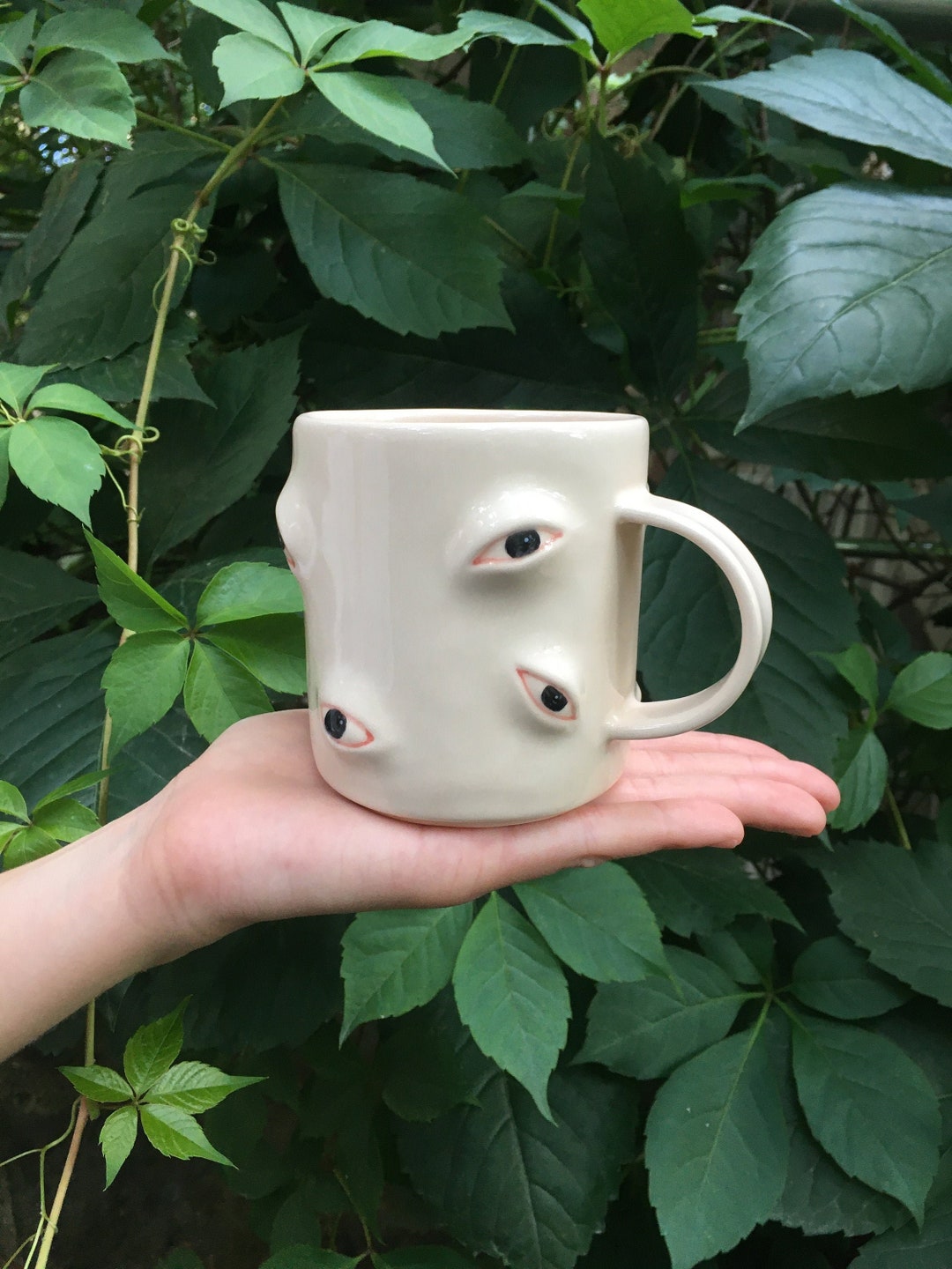 Black Eyes Coffee Mug, Large Clay Tea Mug, Hand Painted Coffee Pottery