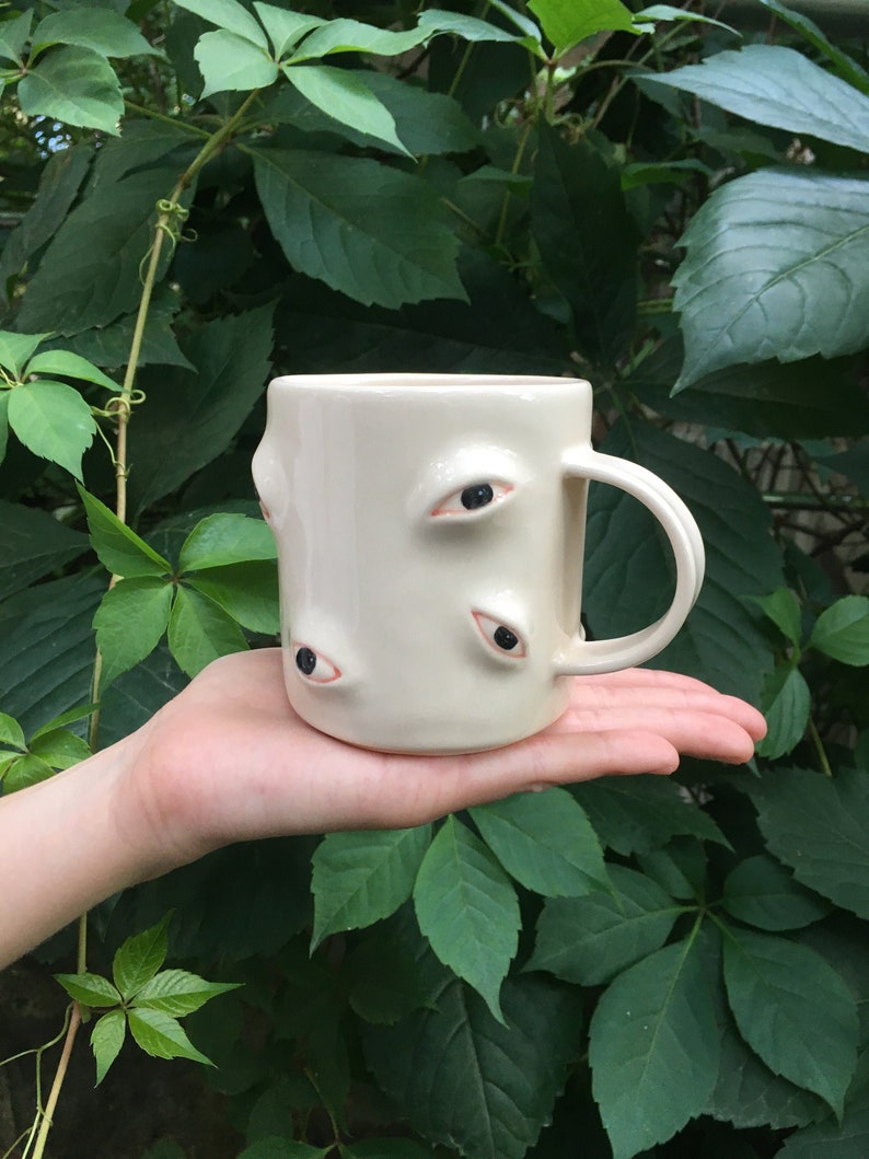 Black Eyes Coffee Mug, Large Clay Tea Mug, Hand Painted Coffee Pottery Mug, Funky Mug, Gift for Them, Housewarming Gift, Clay Kitchenware image 1