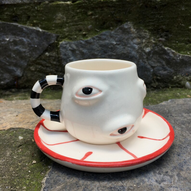 Ivory Striped Handle Eyes Hand Painted Espresso Cup with Plate, Turkish Coffee Cup, Modern Kitchen Decor, Teacher Gift, Country Home Decor image 6