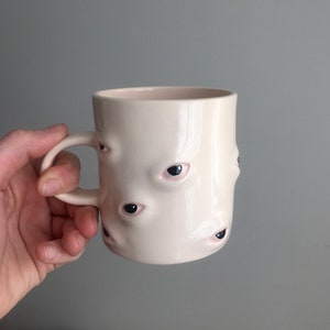 Black Eyes Coffee Mug, Large Clay Tea Mug, Hand Painted Coffee Pottery Mug, Funky Mug, Gift for Them, Housewarming Gift, Clay Kitchenware image 4