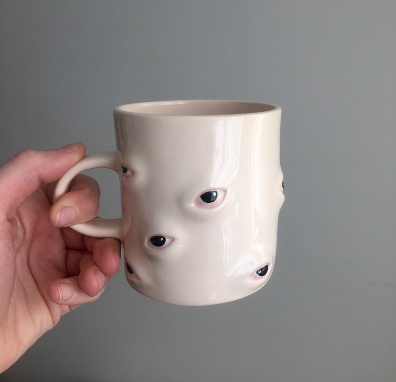 Black Eyes Coffee Mug, Large Clay Tea Mug, Hand Painted Coffee Pottery Mug, Funky Mug, Gift for Them, Housewarming Gift, Clay Kitchenware image 4