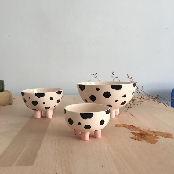 Polka Dot Cute Cow Ceramic Bowl Set of 3, Modern Kitchen Decor, Pink Footed  Pottery Pot, Housewarming Gift, Gift for Mother, Home Decor
