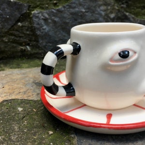 Ivory Striped Handle Eyes Hand Painted Espresso Cup with Plate, Turkish Coffee Cup, Modern Kitchen Decor, Teacher Gift, Country Home Decor image 3