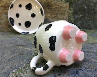 Polka Dot Cute Cow Clay Espresso Cup with Plate, Black And White Kitchen Decor, Housewarming Gift, Modern Decor, Bridal Shower, Wedding Gift