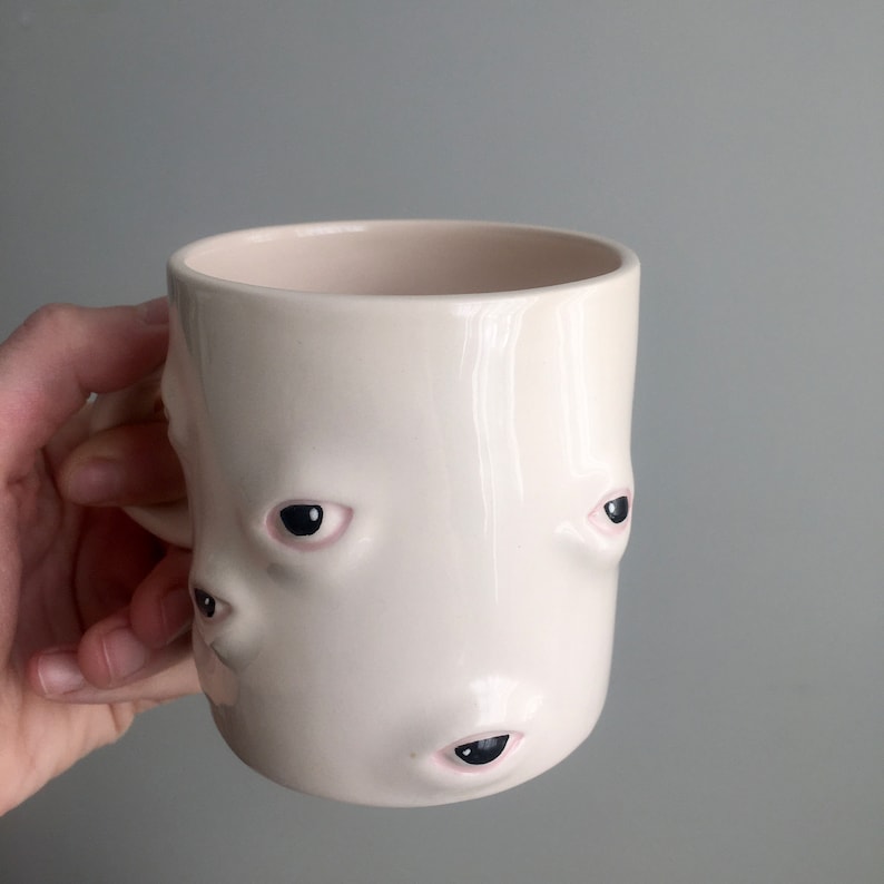 Black Eyes Coffee Mug, Large Clay Tea Mug, Hand Painted Coffee Pottery Mug, Funky Mug, Gift for Them, Housewarming Gift, Clay Kitchenware image 5