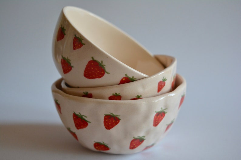 Strawberry Pattern Handmade Ceramic Bowl, Mom Gift, Cute Bowl, Kitchen Accessories, Strawberry Ceramic Bowl Kitchen Gift, Best Friend Gift image 1