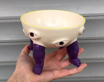 Unique Flat Eyes Hand Painted Purple Baby Footed Ceramic Bowl, Modern Home Decor, Housewarming Gift, Custom Pottery Design, Best Friend Gift