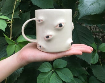 Black Eyes Coffee Mug, Large Clay Tea Mug, Hand Painted Coffee