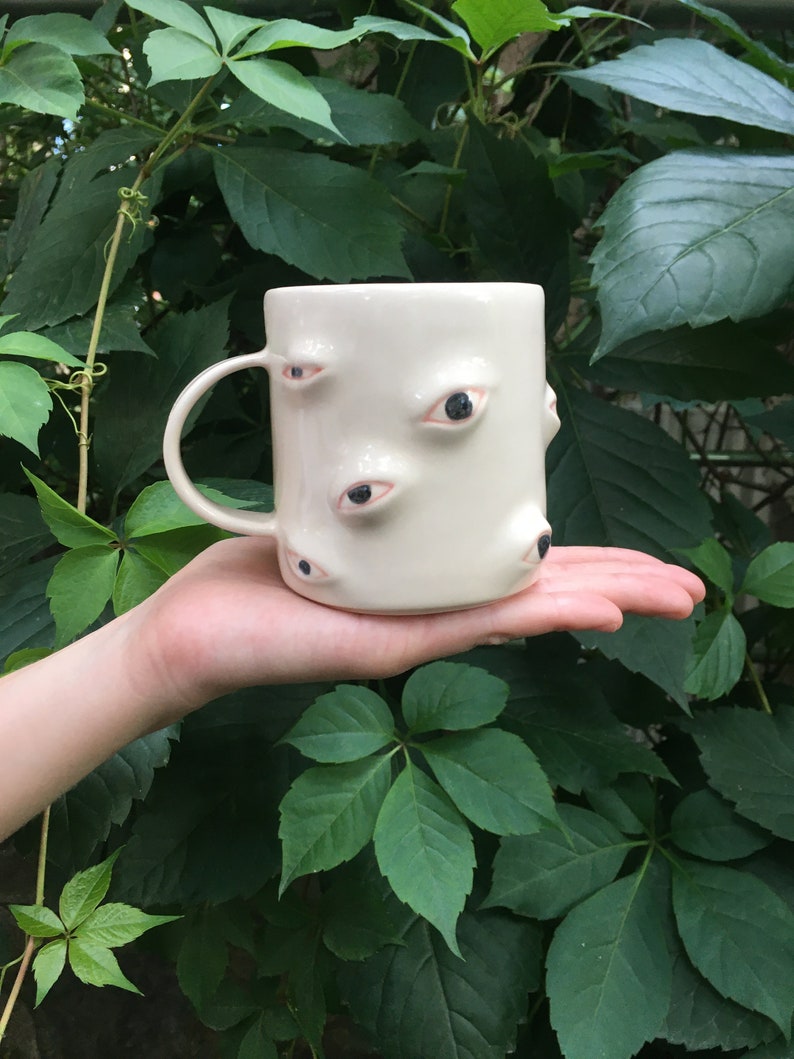 Black Eyes Coffee Mug, Large Clay Tea Mug, Hand Painted Coffee Pottery Mug, Funky Mug, Gift for Them, Housewarming Gift, Clay Kitchenware image 2