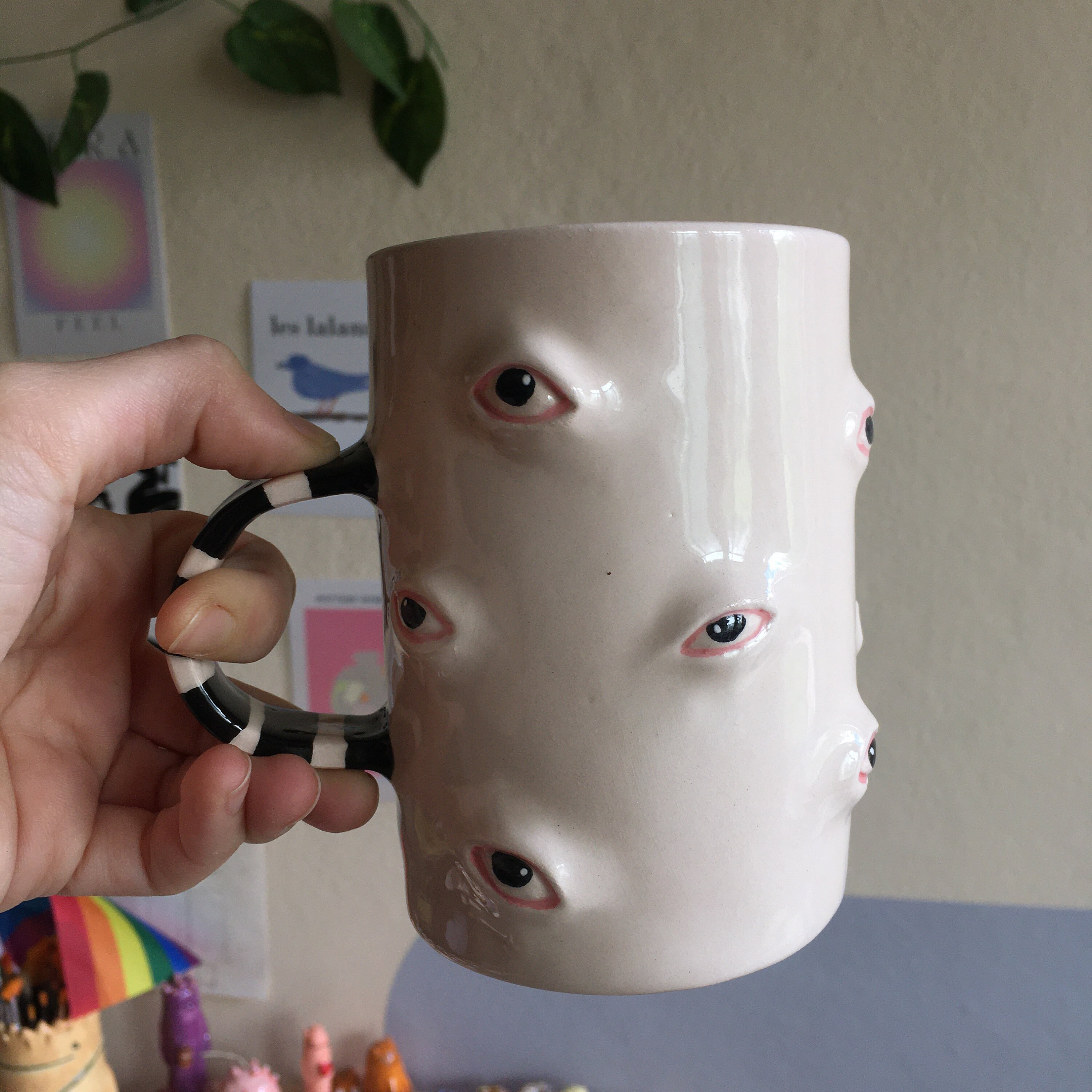 Black Eyes Coffee Mug, Large Clay Tea Mug, Hand Painted Coffee