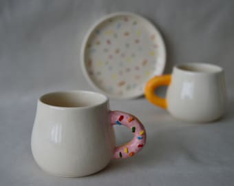 Ivory Pink Donut Handle Clay Espresso Cup with Plate, Cute Ceramic Tea Cup, Kitchen Decor, Coffee Lover Gift, Best Friend Gift, Gift for Mom