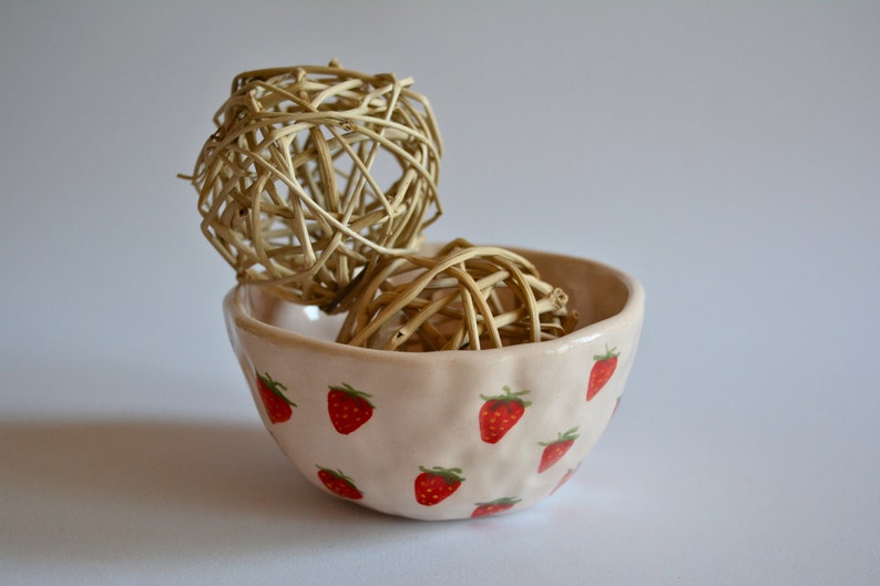 Strawberry Pattern Handmade Ceramic Bowl, Mom Gift, Cute Bowl, Kitchen Accessories, Strawberry Ceramic Bowl Kitchen Gift, Best Friend Gift image 9