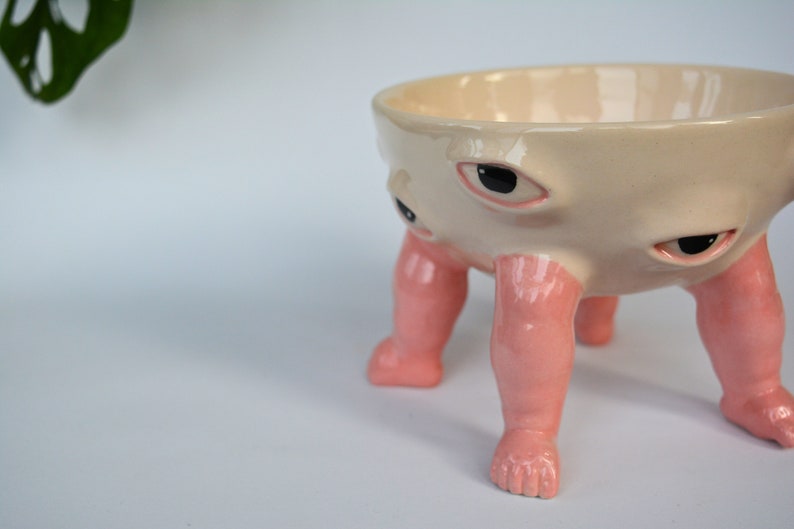 Black Eyes Pink Baby Footed Ceramic Bowl, Custom Funky Home Decor Fruit Bowl, Housewarming Gift, Weird Gift, Serving Bowl Pottery, Mom Gift image 8