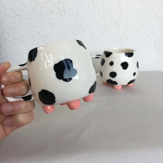 Polka Dot Cute Set of 2 Cow Clay Coffee Mugs, Black and White Kitchen  Decor, Hand Painted Pottery Tea Cups, Best Friend Gift, Ceramic Art 