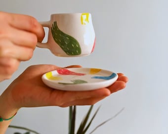 Unique Colorful Hands Clay Espresso Cup with Plate, Pottery Tea Cup, Modern Kitchen Decor, Housewarming Gift, Best Friend Gift, Office Decor