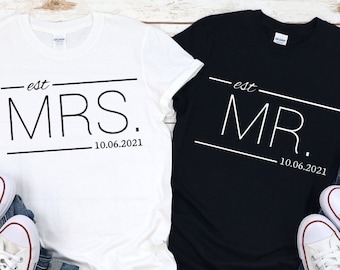 Mr und Mrs Hemden, Hochzeitshemden, Mr und Mrs Hochzeitstag T-Shirt personalisiert. Hochzeitsgeschenk