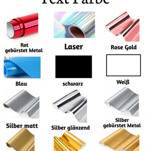 K&ouml;nnte beinhalten: Eine Tabelle mit verschiedenen Vinylfarben f&uuml;r Bastelprojekte. Die Farben umfassen Rot, Blau, Schwarz, Wei&szlig;, Silber, Gold und Ros&eacute;gold. Das Vinyl ist in matten, gl&auml;nzenden und geb&uuml;rsteten Metalloberfl&auml;chen erh&auml;ltlich.