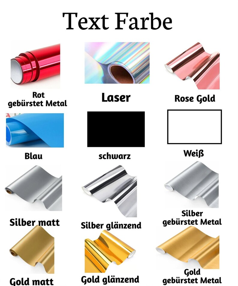 K&ouml;nnte beinhalten: Eine Tabelle mit verschiedenen Vinylfarben f&uuml;r Bastelprojekte. Die Farben umfassen Rot, Blau, Schwarz, Wei&szlig;, Silber, Gold und Ros&eacute;gold. Das Vinyl ist in matten, gl&auml;nzenden und geb&uuml;rsteten Metalloberfl&auml;chen erh&auml;ltlich.
