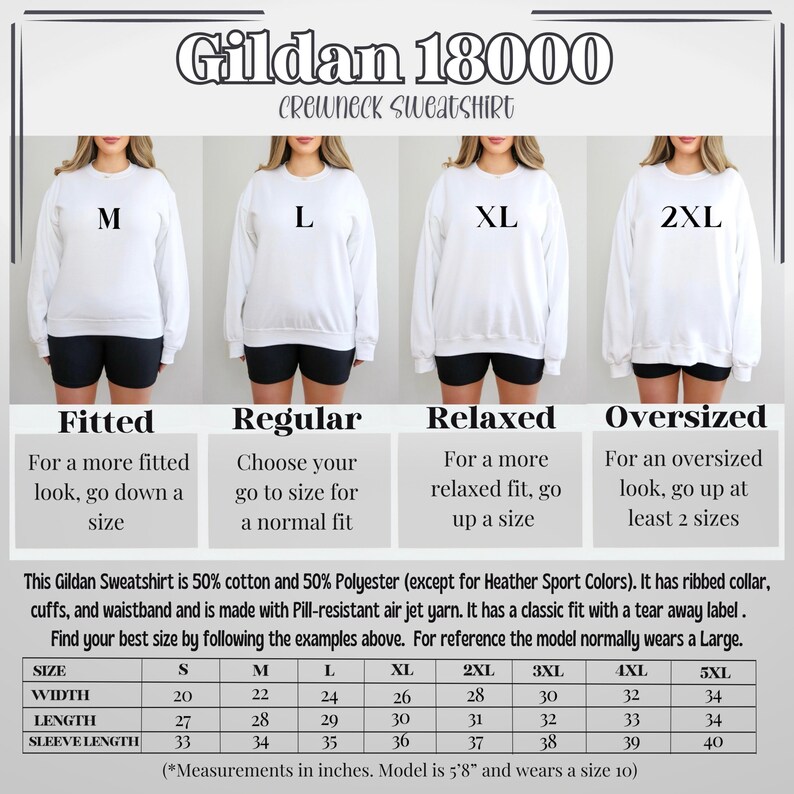 May include: Size chart for Gildan 18000 crewneck sweatshirts. The chart shows the width, length, and sleeve length in inches for sizes S through 5XL. The chart also includes descriptions of the fit for each size: fitted, regular, relaxed, and oversized.