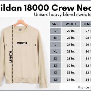 May include: A beige crew neck sweatshirt with size chart showing measurements in inches. The chart shows sizes S through 5X with corresponding width and length measurements.