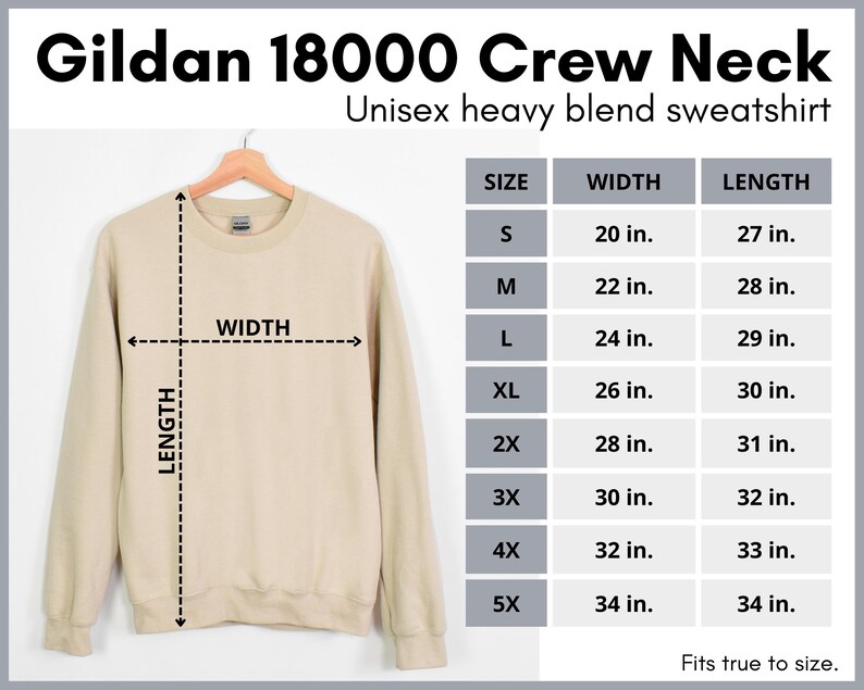 May include: A beige crew neck sweatshirt with size chart showing measurements in inches. The chart shows sizes S through 5X with corresponding width and length measurements.