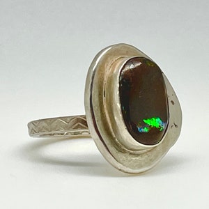 Boulder Opal Statement Ring with Zig Zag Pattern Band