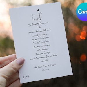 以下が含まれることがあります： 黒文字で書かれた白い招待状で、ジョージア州オーガスタで4月6日から9日まで開催されるマスターズトーナメント2024の開催を発表しています。カードには、ゴルフコースの小さな白黒のイラストが描かれています。