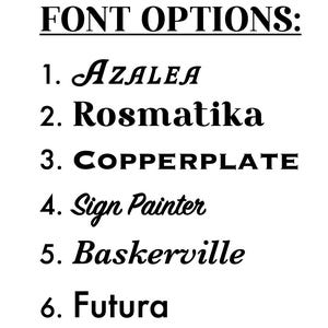 May include: A list of six font options for a design project. The options are: Azalea, Rosmatika, Copperplate, Sign Painter, Baskerville, and Futura.