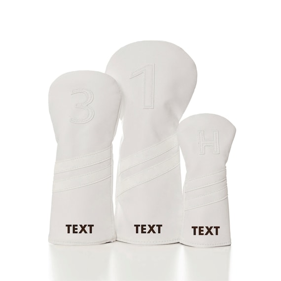 Personalized White Golf Headcover Set: Leather Driver, Fairway, Hybrid