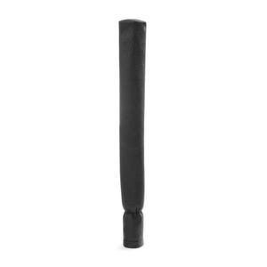 May include: A long, cylindrical black cover with a textured, pebbled surface. The object features a rounded top and a gathered, elasticized opening at the base, designed to fit over a slender item like a golf club shaft or a similar long handle.