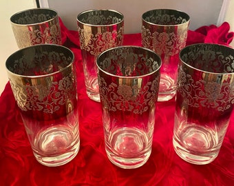 Vintage MCM Smokey grey tumblers with etched flower design MCM tumblers retro set of 6 Smokey grey glasses with etched orchid design