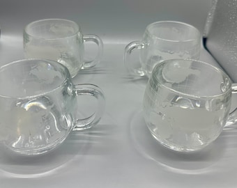 Nestle NESCAFE Glass Embossed World Globe Set of 4 Mugs 1970's
