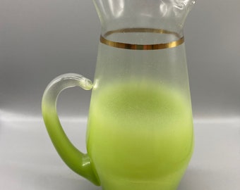 Vintage Mid Century BLENDO Glass Frosted Green Pitcher Great Condition!