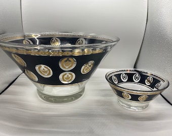 Mid Century Modern Glass G Reeves Signed Black Gold Chip and Dip Bowls Crown / Laurel