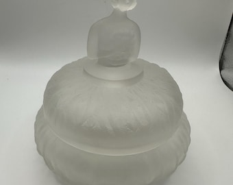 L.E. Smith Glass 1940's Frosted Crystal Vanity Powder Jar LILLIAN II