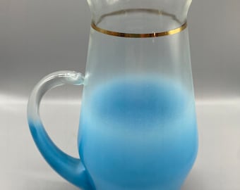 Vintage Mid Century BLENDO Glass Frosted BLUE Pitcher Great Condition!