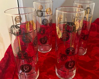 Set of 4 Libbey Glass Mid Century Modern Vintage Barware COIN Black Gold Tall Glasses / Tumblers