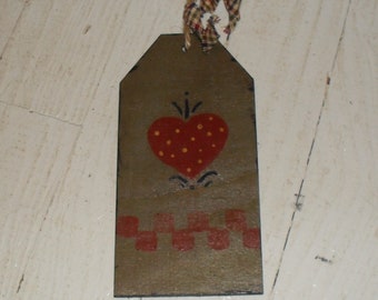 New Hand Painted Primitive Style Strawberry Heart Ornament