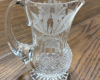 Edinburgh Lead Crystal Whiskey Jug Signed 6 inch Thistle Motif, diamond cut bottom etched patterned vintage glass pitcher beautiful