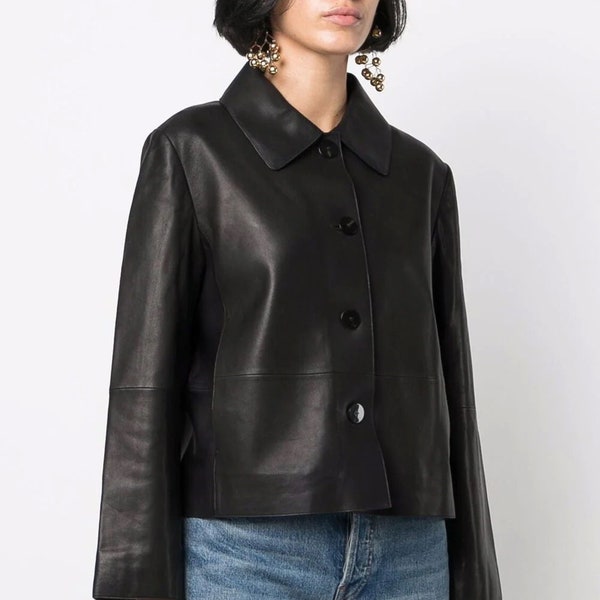 Ladies Classic Leather Blazer Coats , Woman leather jacket , Leather Blazer Street Style, Women Black Leather Coat